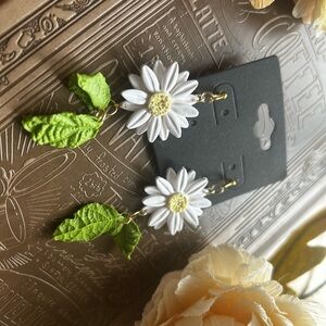 Handmade White Daisy Drop Earrings with Green Leaves polymer clay